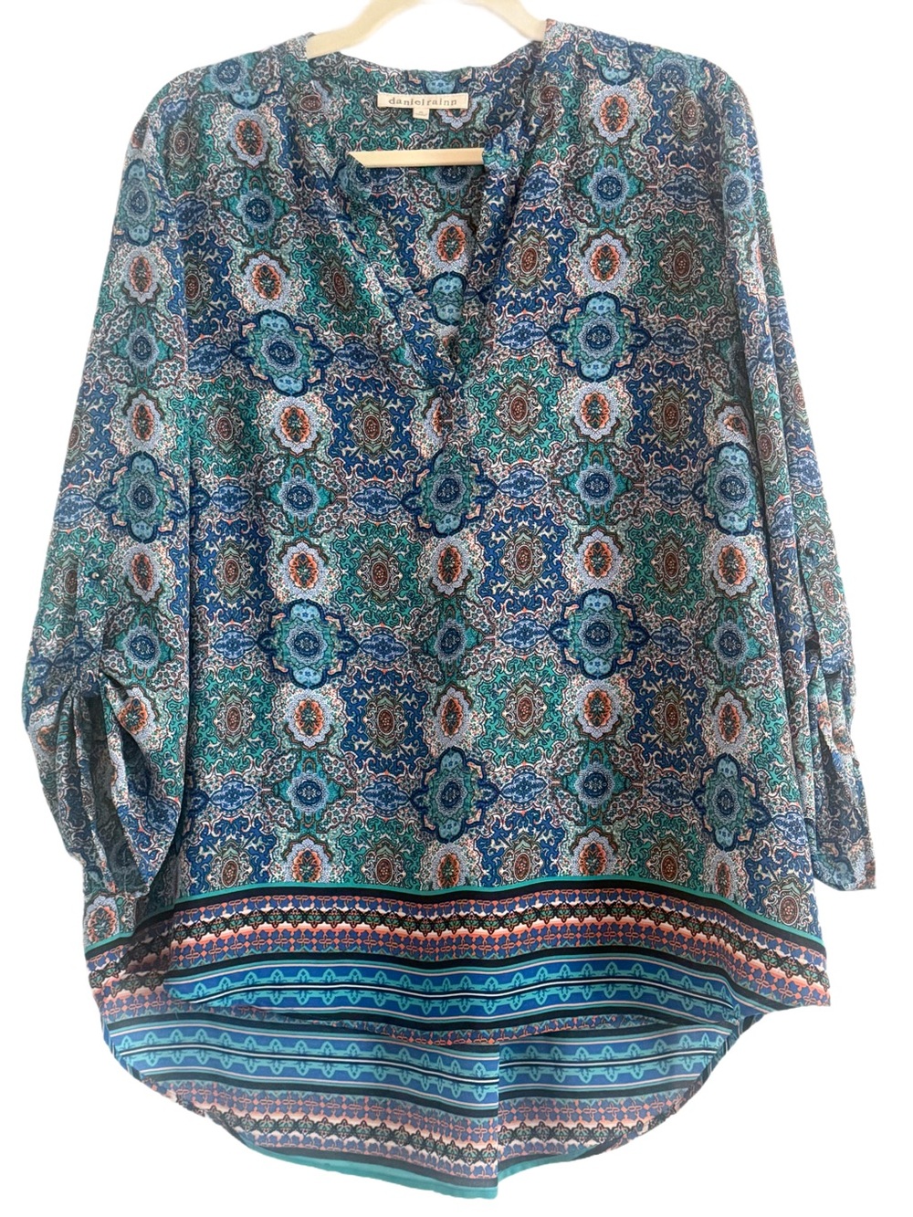Daniel Rainn Teal and Navy Printed V-Neck Tunic XL